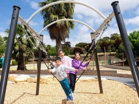 Children playing on a log swing