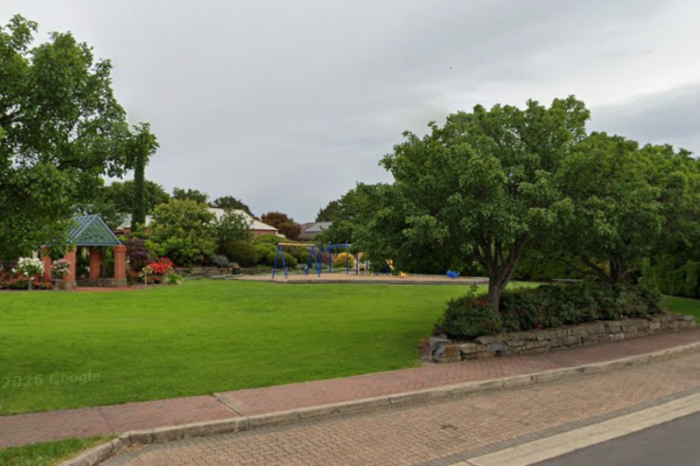 Playground surrounded by grassed area and trees